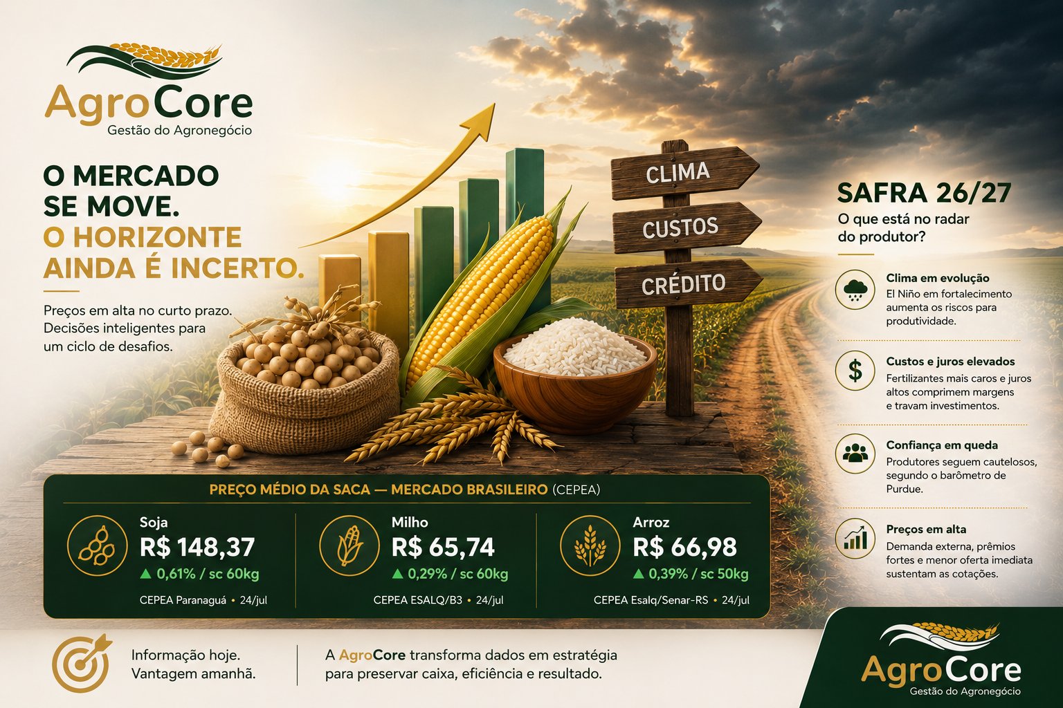 Infográfico Agrocore: 'O mercado se move, o horizonte ainda é incerto', com preços médios da saca de soja (R$ 148,37), milho (R$ 65,74) e arroz (R$ 66,98) no CEPEA em 24 de julho e o radar da safra 2026/27: clima, custos, crédito e confiança.