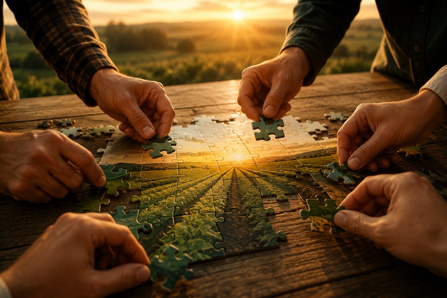Várias mãos montando juntas um quebra-cabeça que forma uma lavoura ao pôr do sol, sobre uma mesa de madeira, simbolizando peças que se encaixam mesmo diante de um cenário incerto.