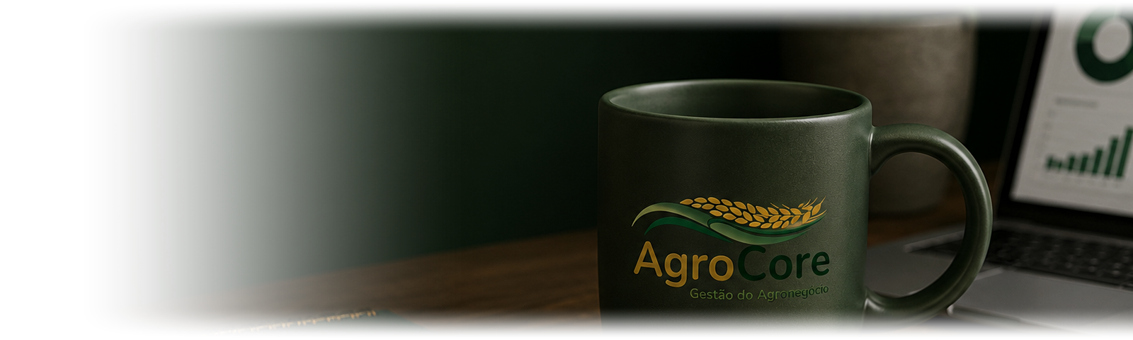 Xícara e caderno com o logo da AgroCore em ambiente de trabalho