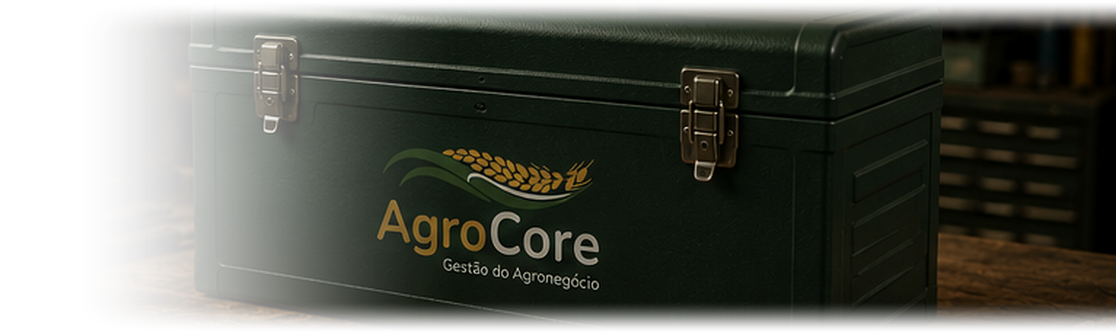 Caixa de ferramentas verde com o logo da AgroCore sobre bancada de trabalho